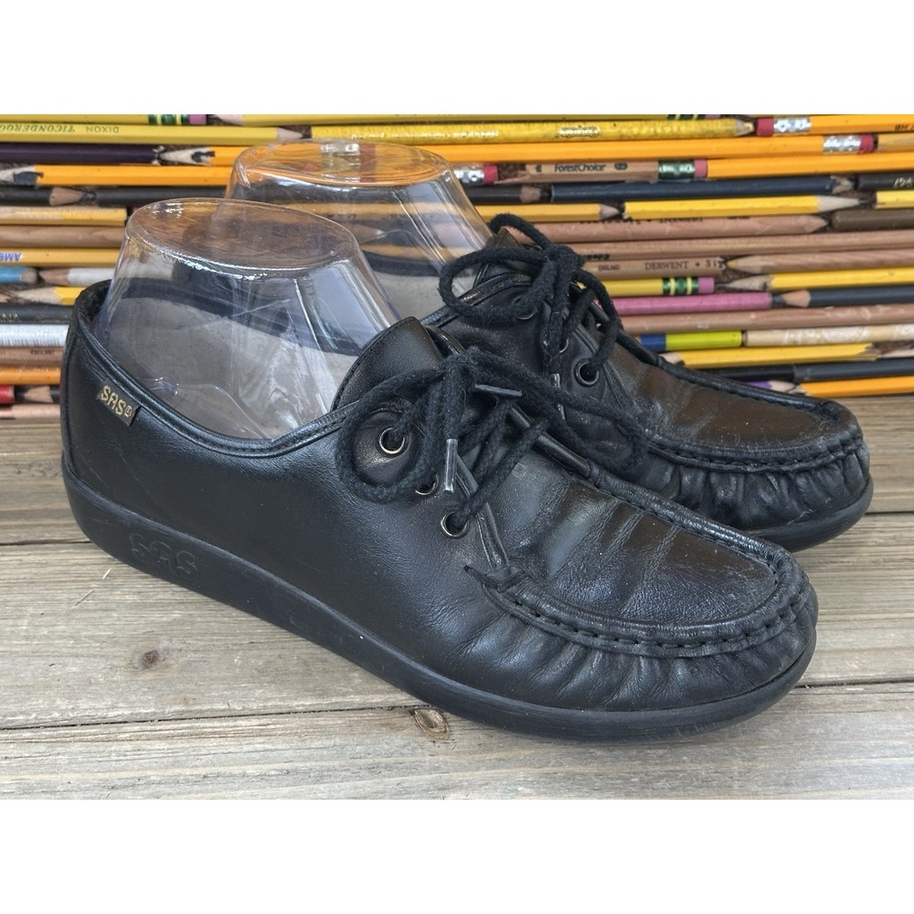 SAS Comfort Classic Lace Up Leather Walking Shoes Womens 8 Black Good